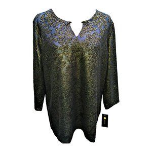 NEW JM Collection Womens Top Blouse XL Glitter Keyhole Jacquard Deep Black